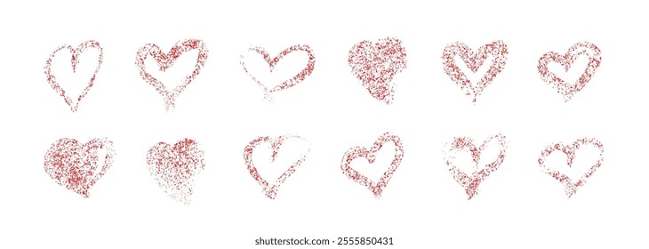 Set of hand drawn red hearts. Heart drawn with wax pencil, grainy texture , doodle elements for valentine's day. Vector collection of love symbols.