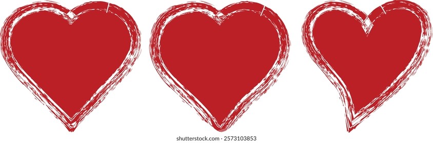  Set of hand drawn red hearts. Grunge brush paint heart set. Vector illustration