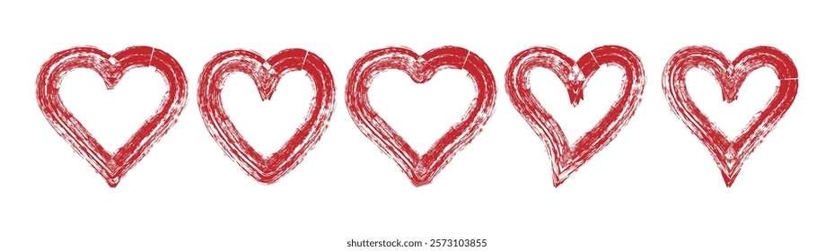  Set of hand drawn red hearts. Grunge brush paint heart set. Vector illustration