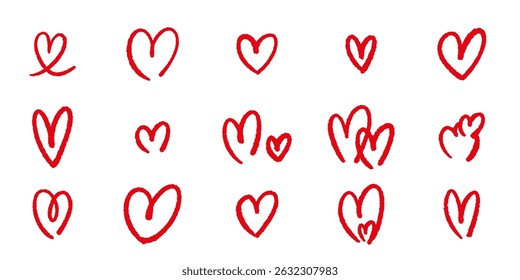 Set of hand drawn red hearts in outline style. Use for love themed graphics, romantic cards, digital scrapbooking, printable decor, and holiday projects.