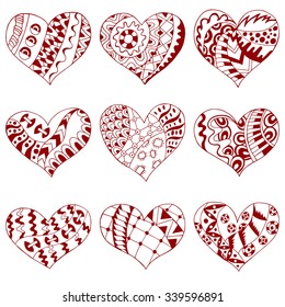 Set of hand drawn red hearts in zentangle style. Pattern for coloring book. Coloring page for adult anti stress. Made by trace from sketch. Valentine's day background.