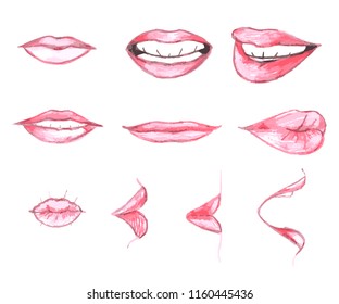 Satz handgezeichnet, rote Lippen und Smileys, mit farbigen Bleistiften auf Weiß