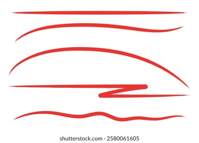Set of hand drawn red marker line vector design element doodle lines underline scribble