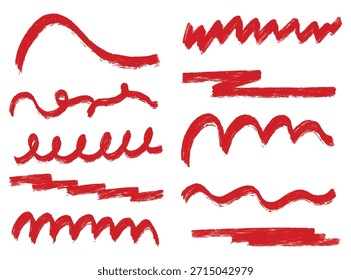 Conjunto de tinta de marcação vermelha desenhada à mão. Sublinhar material ornamento linha reta curva linha ondulada embelezamento borda divisor decorativo borda divisor. Título simples linha de rabisco vermelho elegante
