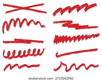 Set of hand drawn red marker paint. Underline material ornament straight line curve wavy line embellishment border boundary decorative border heading divider. Title simple stylish red scribble line
