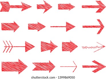 Set of hand drawn red paint object for design use. Abstract brush drawing. Vector art illustration grunge arrows