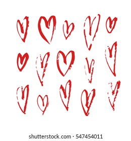 Set of hand drawn red paint object for design use. Abstract brush drawing. Vector art illustration grunge hearts