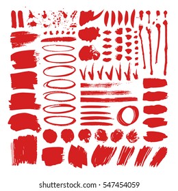 Set of hand drawn red paint object for design use. Abstract brush drawing. Vector art illustration grunge splashes, drops, stains, frames, blot