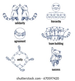 Set of hand drawn red panda concept illustrations, business processes theme, vector illustration