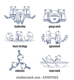 Set of hand drawn red panda concept illustrations, business processes theme, vector illustration