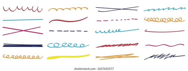 Set of hand drawn red pencil lines and strokes. Doodle vector ink brush lines. Crosses and curved strokes. Vector freehand illustration isolated on white background.