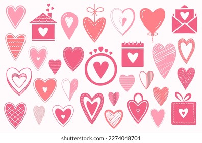 Set of hand drawn red and pink icons with hearts, doodle style, vector eps10 illustration