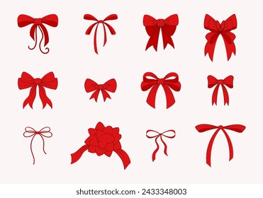 Set of hand drawn red ribbon bows. Various bowknots for present decoration. Flat style vector illustration.