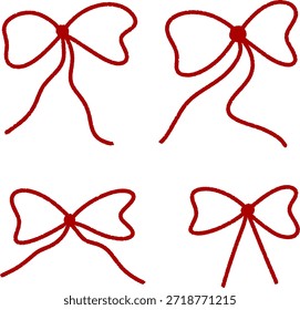 Conjunto de lazos de cinta roja dibujados a mano, perfecto para la decoración de regalos y ocasiones festivas