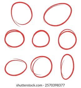 Set of hand drawn red round circle scribbles highlighter design element