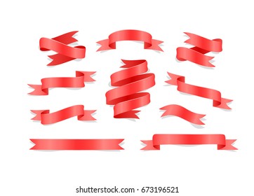 Set of hand drawn red satin ribbons on white background isolated. Flat objects for your design. Vector art illustration