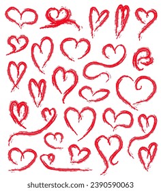 Set of hand drawn red sketch grungy hearts on white background for Saint Valentine's Day. Collection of vector doodle painted brush cute hearts various shapes for greeting card