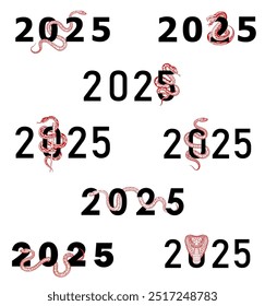 Set of hand drawn red snakes entwines and coils around the number 2025 for Year of the Snake in the Chinese zodiac. Template of linear decorated reptile snakes as symbol of Oriental horoscope and 2025