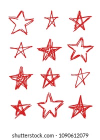 Set of hand drawn red stars on white background isolated. Abstract  doodle drawing. Grunge Vector art illustration
