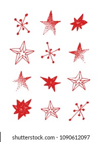 Set of hand drawn red stars on white background isolated. Abstract  doodle drawing. Grunge Vector art illustration