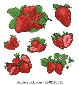 set of hand drawn red strawberry berries. cartoon sketch on a white background