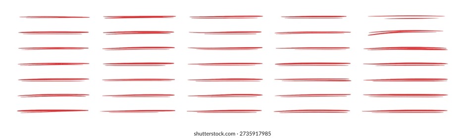 Set of hand drawn red underline lines, minimal doodle strokes for text emphasis and modern graphic design elements on transparent background