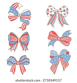 Conjunto de elementos de fita de arco vermelho e azul desenhados à mão. Perfeito para decorações patrióticas, convites, artesanato e projetos de celebração.