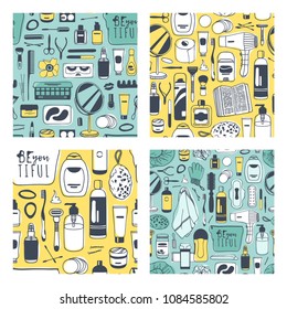 Set of hand drawn relax seamless pattern. Actual vector drawing background with beauty products, wine, food, book