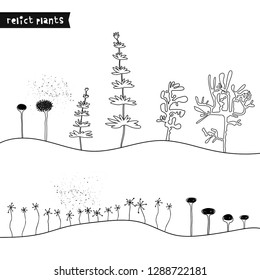 Set of hand drawn relict plants. Sketch Jurassic plants. Collection of fantasy doodle cartoon prehistoric flowers and trees for textile, t-shirts, kids game. Vector illustration