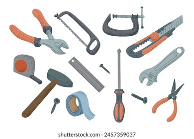 Set of hand drawn repairing tools in flat style for prolongation of things lifetime. Vector clipart of items for maintain of home isolated on white background. Sustainability and upgrade concept