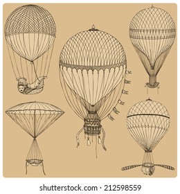 set with hand drawn retro air balloons