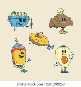 Set of hand drawn retro cartoon food and drink