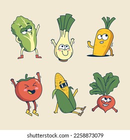 Set of Hand drawn retro cartoon vegetables