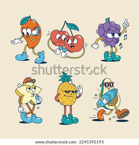 Set Of hand drawn retro cartoon fruits