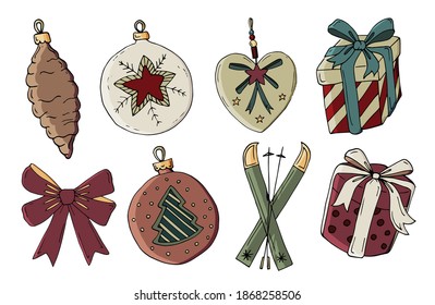 Handgezeichnete Retro-Weihnachtsschmuck. Vektorgrafik. Grußkarten und Paketdesign-Elemente.