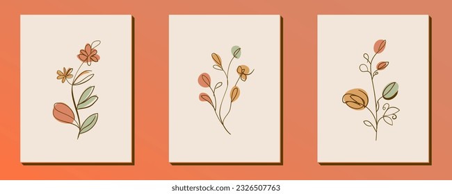 Conjunto de formas de flor retro dibujadas a mano y elemento de diseño de doodle. Hojas de arte en línea, flores y plantas. Ilustración vintage contemporánea de vector abstracto. Perfecto para afiches, publicaciones en medios sociales, pegatinas.