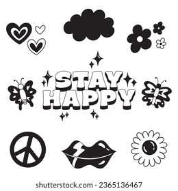 Set of hand drawn retro groovy elements. hippy collection. vector illustration
