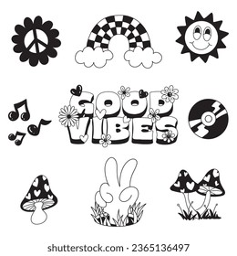 Set of hand drawn retro groovy elements. hippy collection. vector illustration
