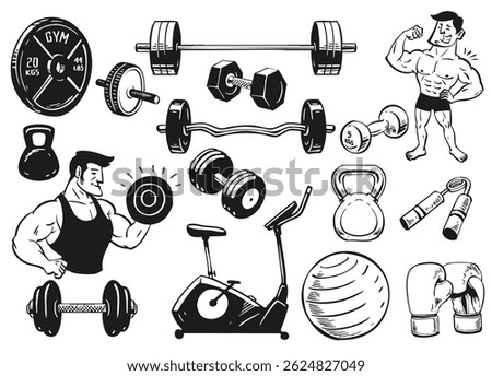 Set of Hand Drawn Retro Gym and Fitness Object