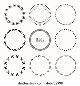 Set of hand drawn retro hipster pattern. Wreath for invitations and birthday cards. Abstract vector background. Illustration. Graphic style. Doodle art design elements. Frame collection.