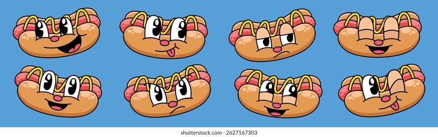 Set of hand drawn retro hot dog cartoon emoticon vector illustration