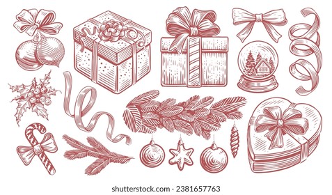 Set of hand drawn retro items for the Christmas holiday. Hand drawn vintage sketch vector illustration