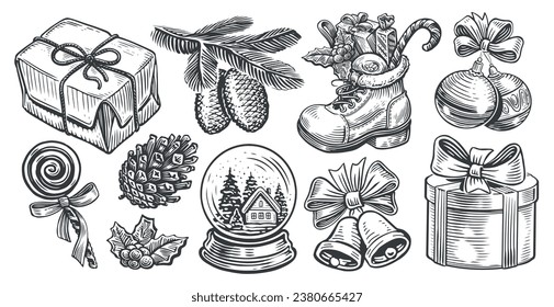 Set of hand drawn retro objects for Christmas holiday decoration. Happy holidays sketch vector illustration