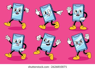 Set of hand drawn retro phone cartoon character collection