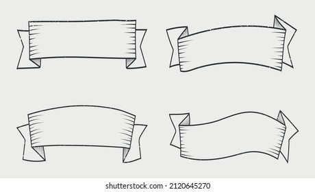 Set of hand drawn retro ribbon banners.Vector illustration.