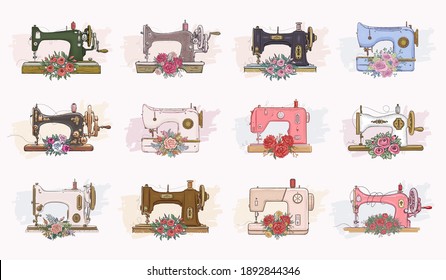 Set of hand drawn retro sewing machines and flowers. Vector illustration