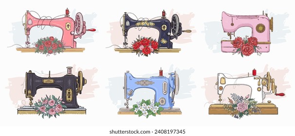 Set of hand drawn retro sewing machine isolated on white background. Vintage style. Sewing sketch equipment. Atelier symbol. Needlework tools. Vector illustration