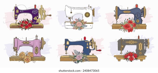 Set of hand drawn retro sewing machine isolated on white background. Vintage style. Sewing sketch equipment. Atelier symbol. Needlework tools. Vector illustration