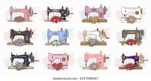 Set of hand drawn retro sewing machine isolated on white background. Vintage style. Sewing sketch equipment. Atelier symbol. Needlework tools. Vector illustration