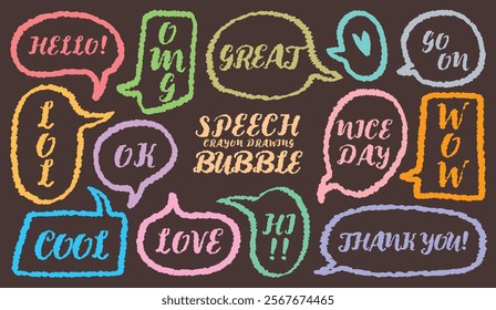 Set of hand drawn retro style outline colorful speech bubble with short message. Crayon drawing cartoon style memo chat balloon. Childish hand written label tag vector. Pencil cute memo sticker. Hello